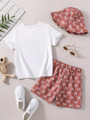 Bear Graphic Tee Top & Shorts & Hat 3pcs Suit Little Boys Outfit