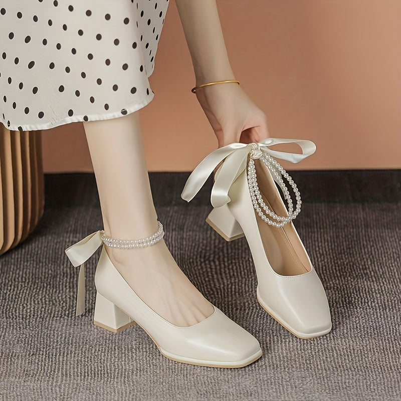 Chunky Heeled Dress Shoes Square Toe Faux Pearl Ankle Strap Mid Heels