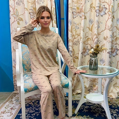 Smiling Print Lounge Set Crew Neck Top & Pants Women's Loungewear