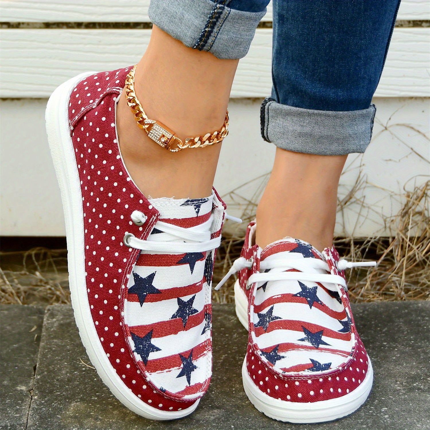 Polka Dot & American Flag Boat Shoes Lace Up Walking Shoes Round Toe Sneakers