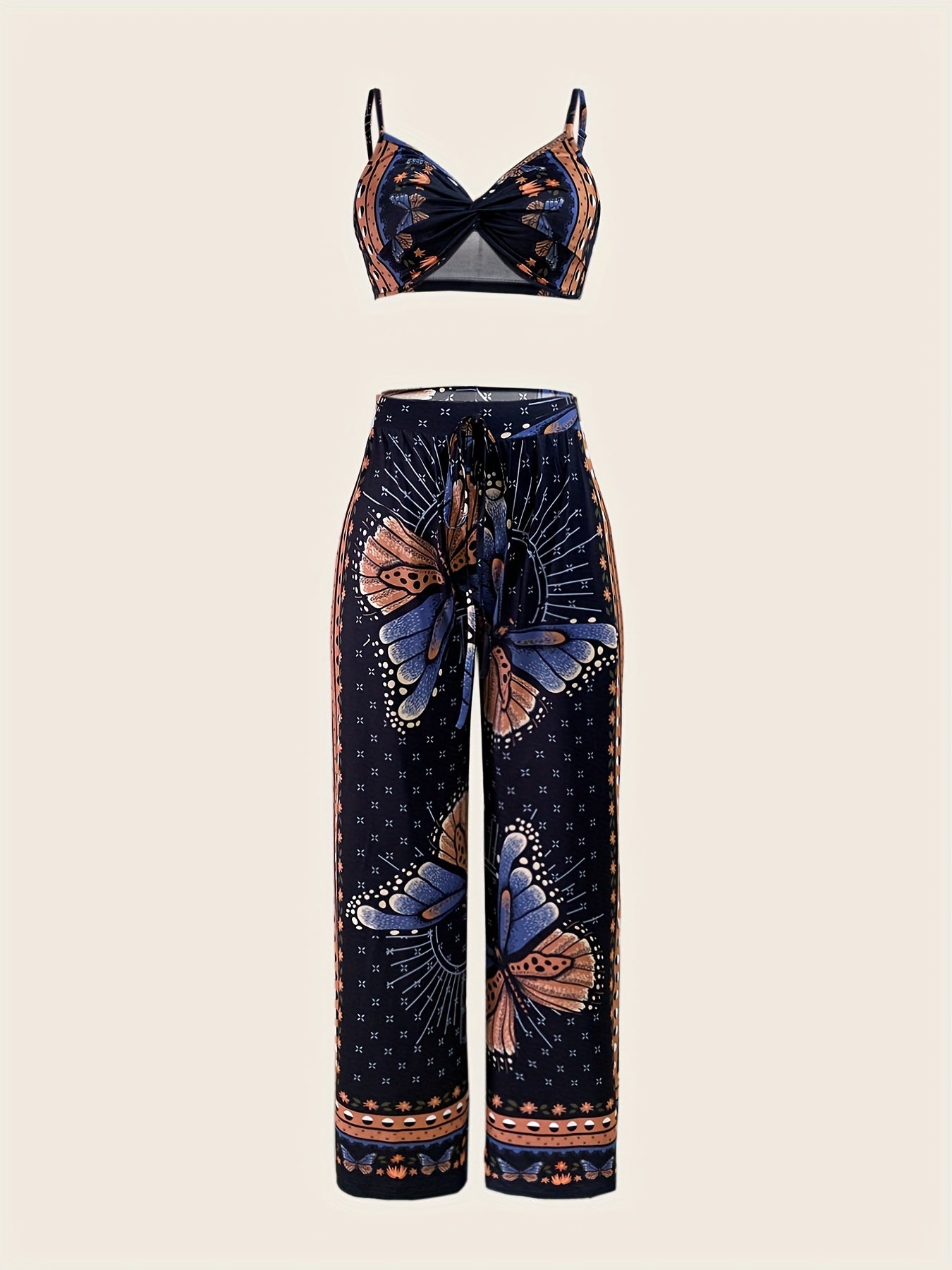 Butterfly Print Set Twist Crop Cami & Wide Leg Pants