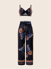 Butterfly Print Set Twist Crop Cami & Wide Leg Pants