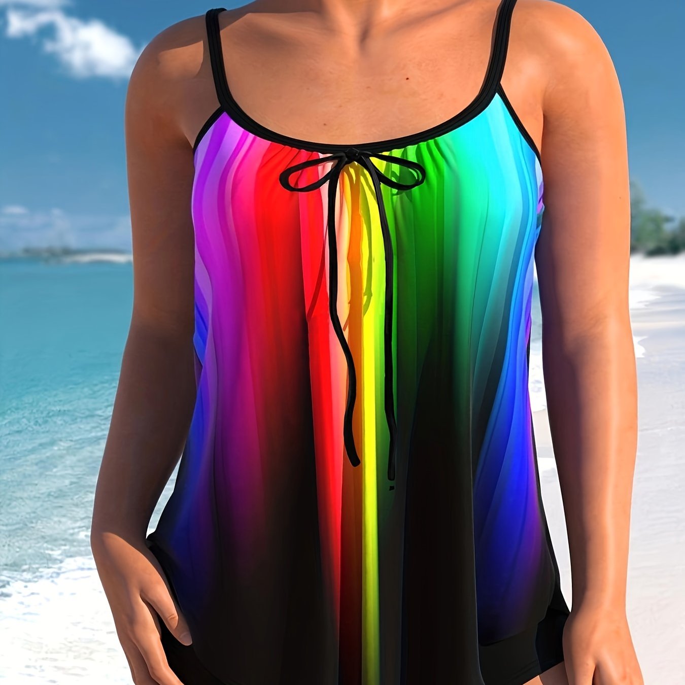 Rainbow Ombre Tankini Set Women's Tie Front Round Neck