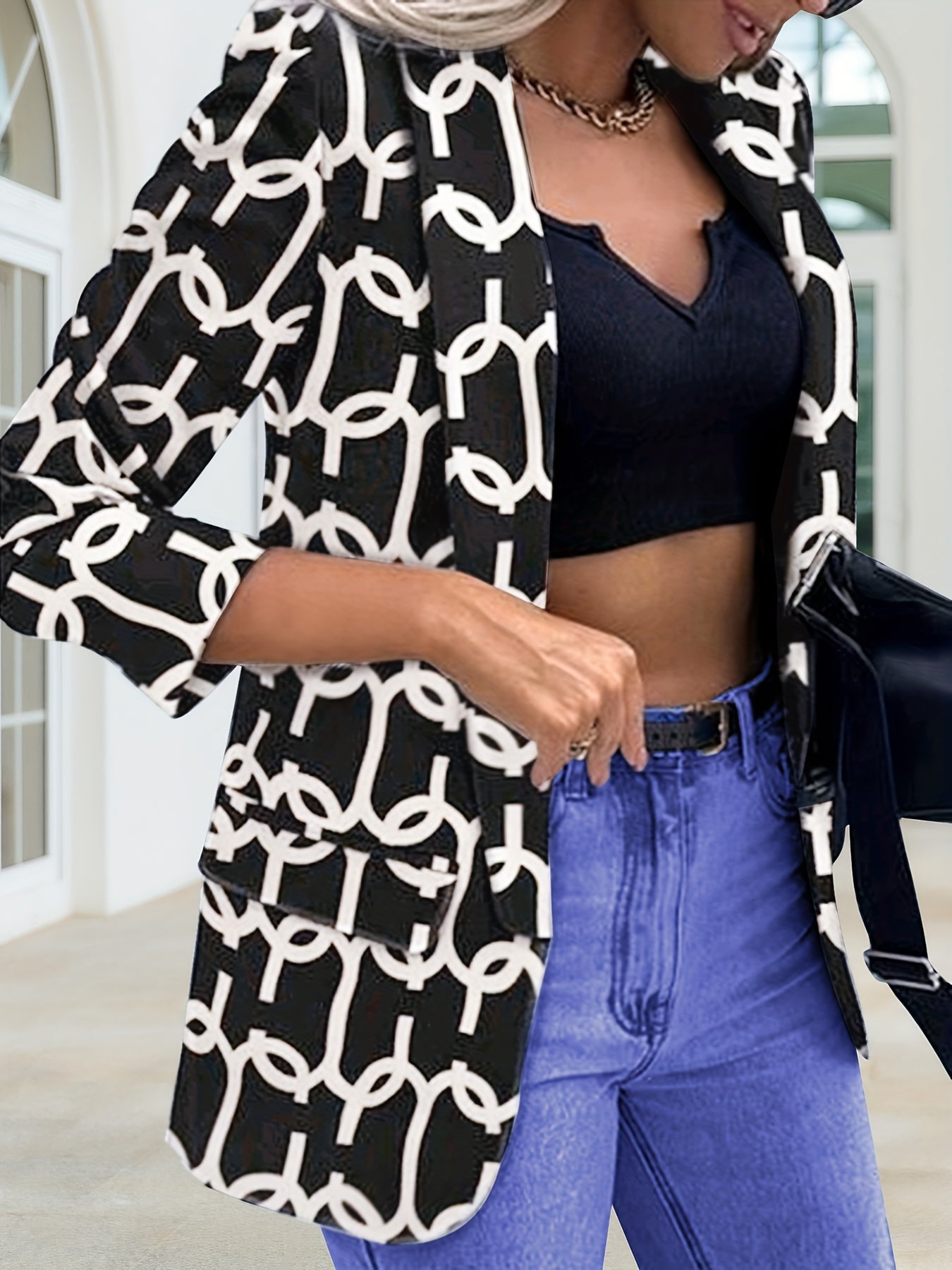 Print Shawl Collar Blazer Long Sleeve Office Outerwear Women's