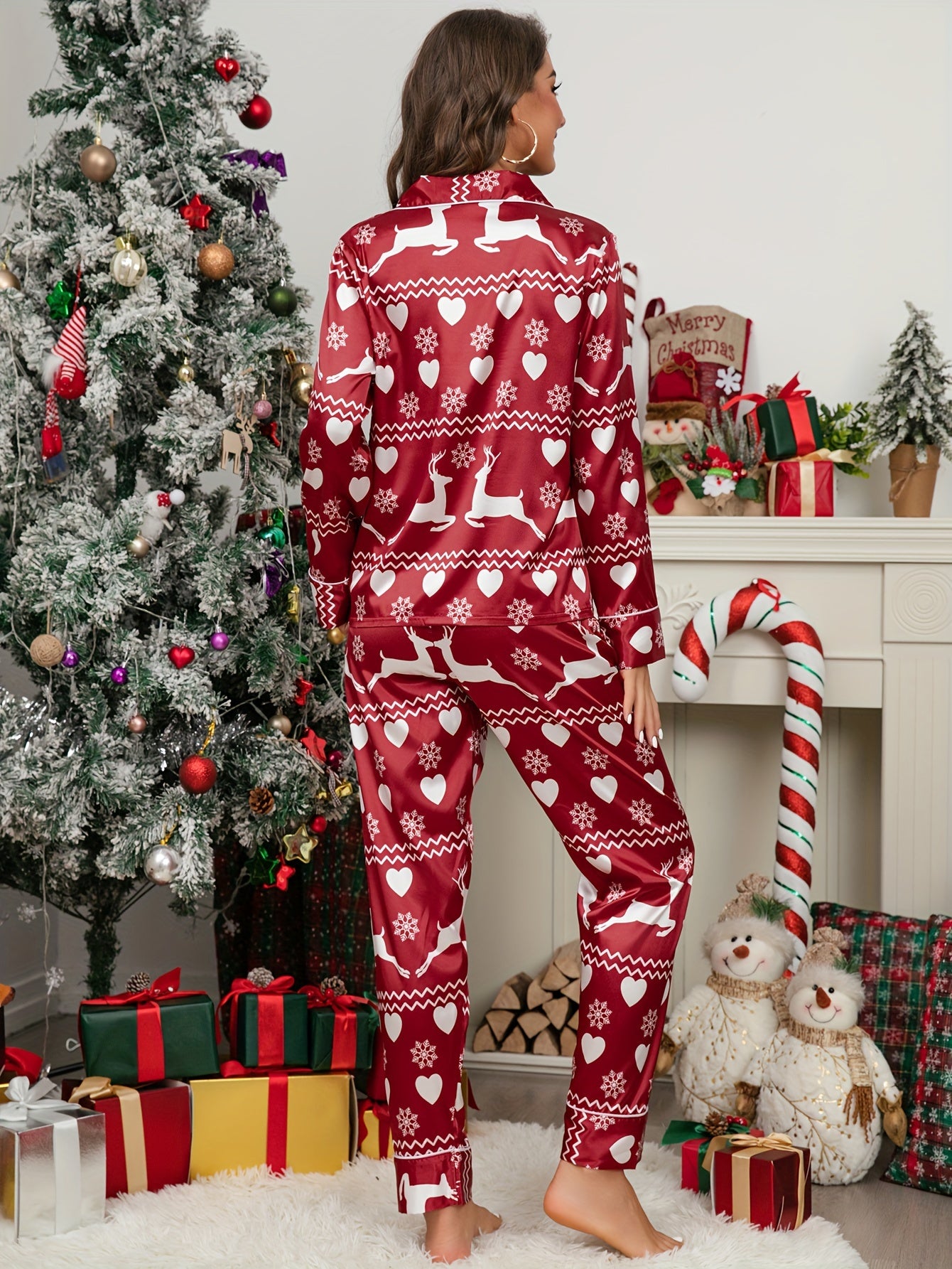 Christmas Deer & Heart Print Pajama Set Long Sleeve Button Up Top & Pants
