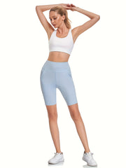 High Waist Biker Shorts Stretchy Pockets Knee Length Yoga Pants