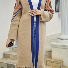 Striped Tassel Cardigan Long Sleeve High Stretch