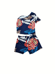 Tropical Print One Shoulder Split Top & Shorts Set