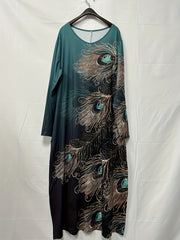 Peacock Print Long Sleeve Maxi Dress