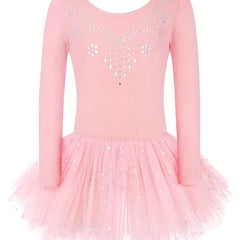 Girls Sequin Long Sleeve Ballet Tutu Leotard for Dance Performance