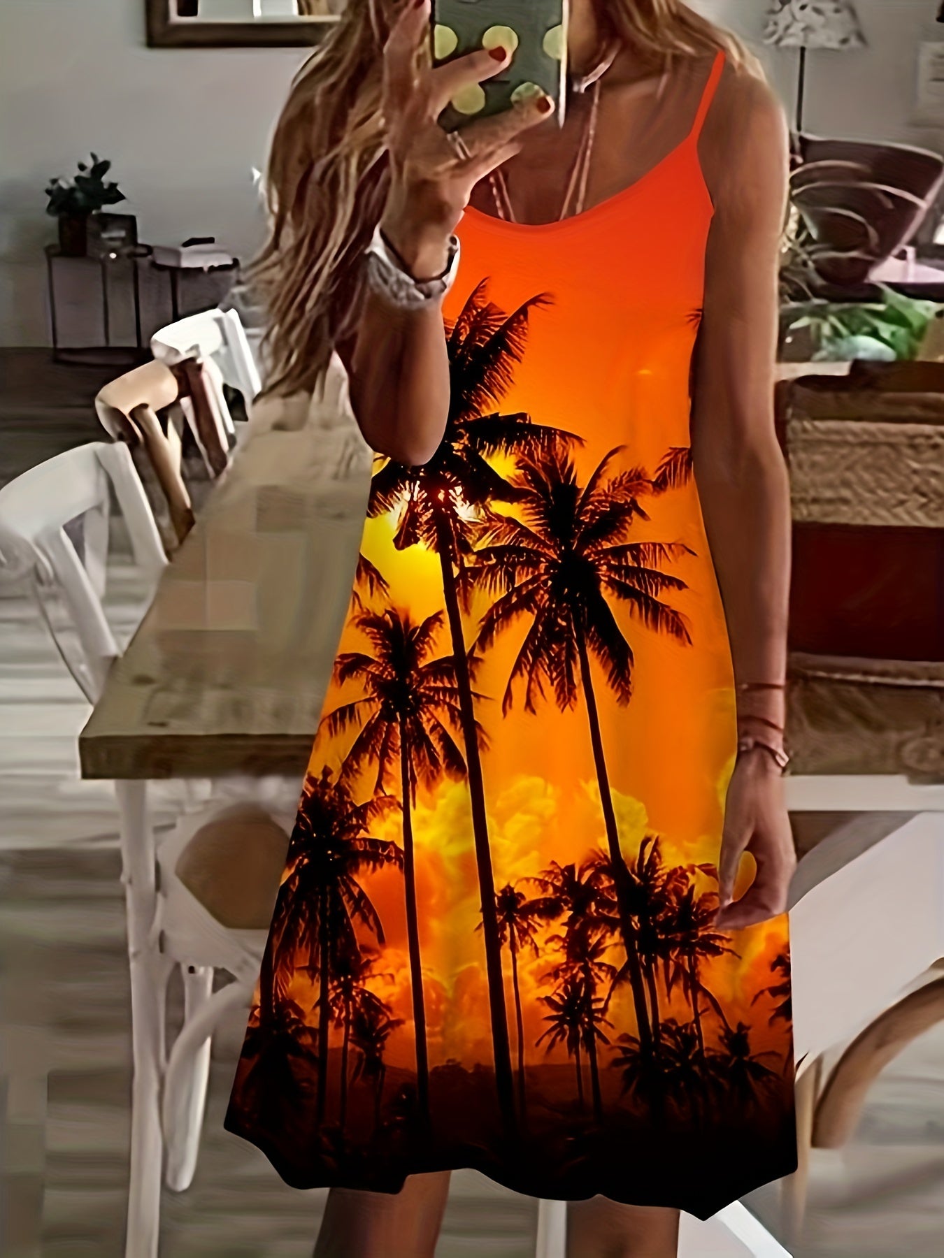 Coconut Tree Print Cami Dress Sleeveless Comfy Women's Clothing