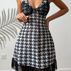 Houndstooth Print Tank Nightdress V Neck Sleep Dress