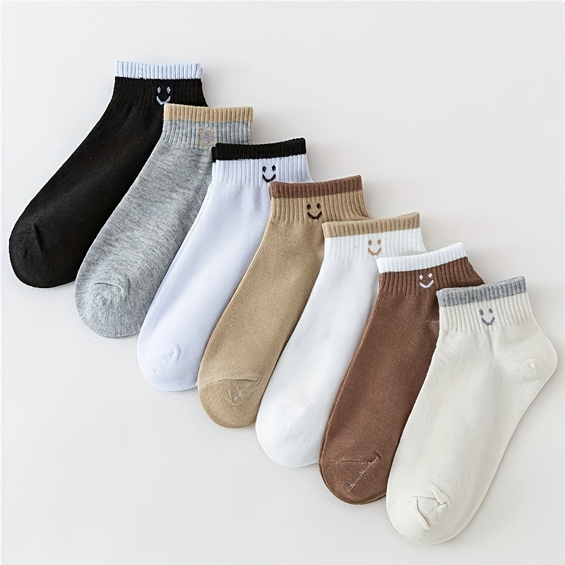 7 Pairs Smiling Face Print & Crew Short Socks Women's Stockings