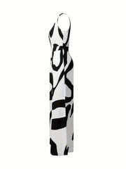 Abstract Print Button Front Jumpsuit Sleeveless Wide Leg Jumpsuit