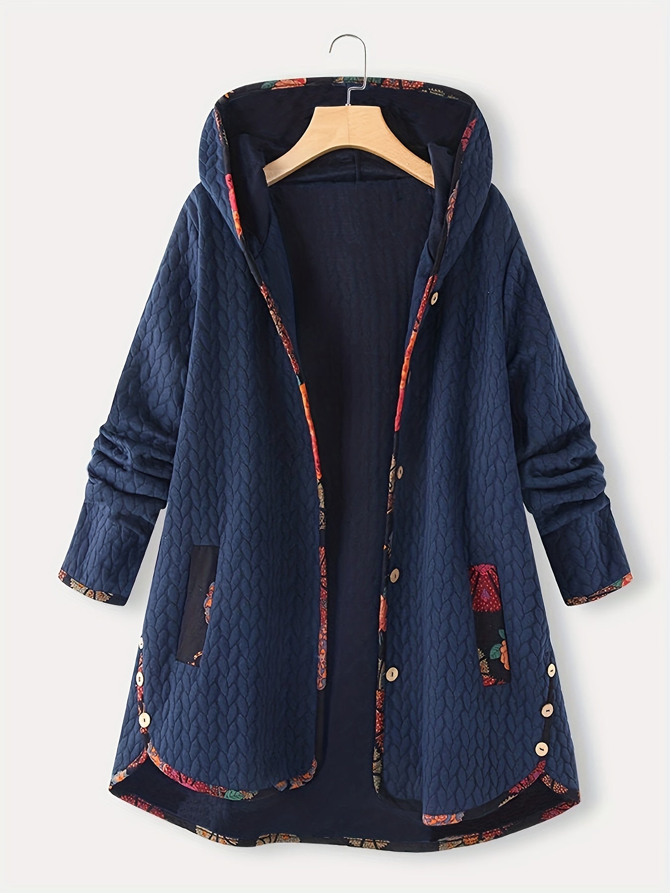 Striped Hooded Long Sleeve Mid Length Jacket Casual Button Front