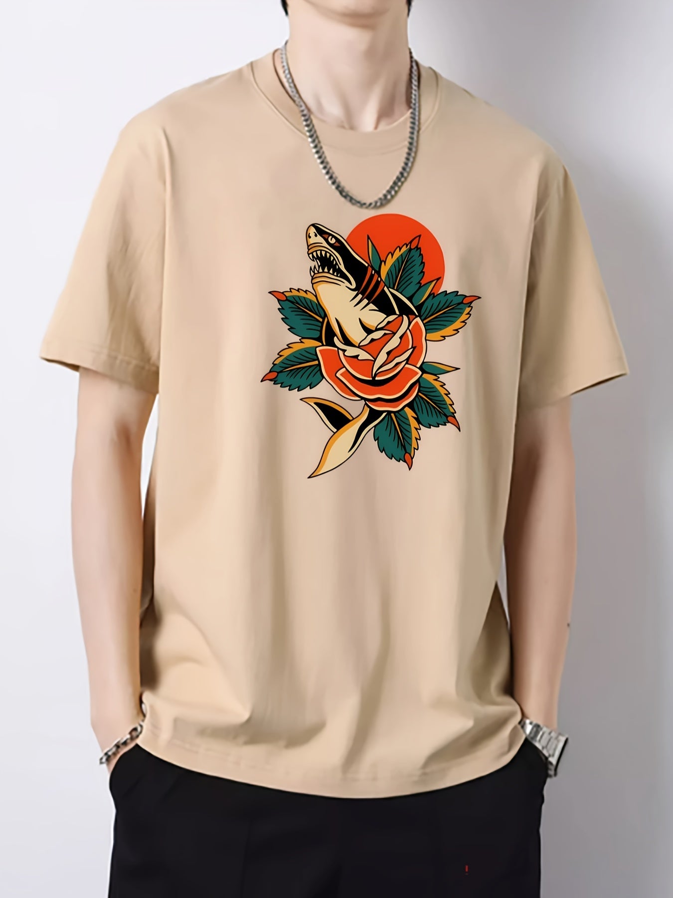 Flower & Shark Pattern Men's Cotton Crew Neck T-shirt
