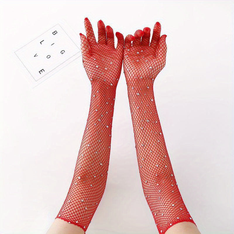 Rhinestone Diamond Mesh Gloves Bungee Stretch Long Full Finger Gloves