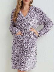 Leopard Hooded Fuzzy Night Robe Warm Long Sleeve Robe