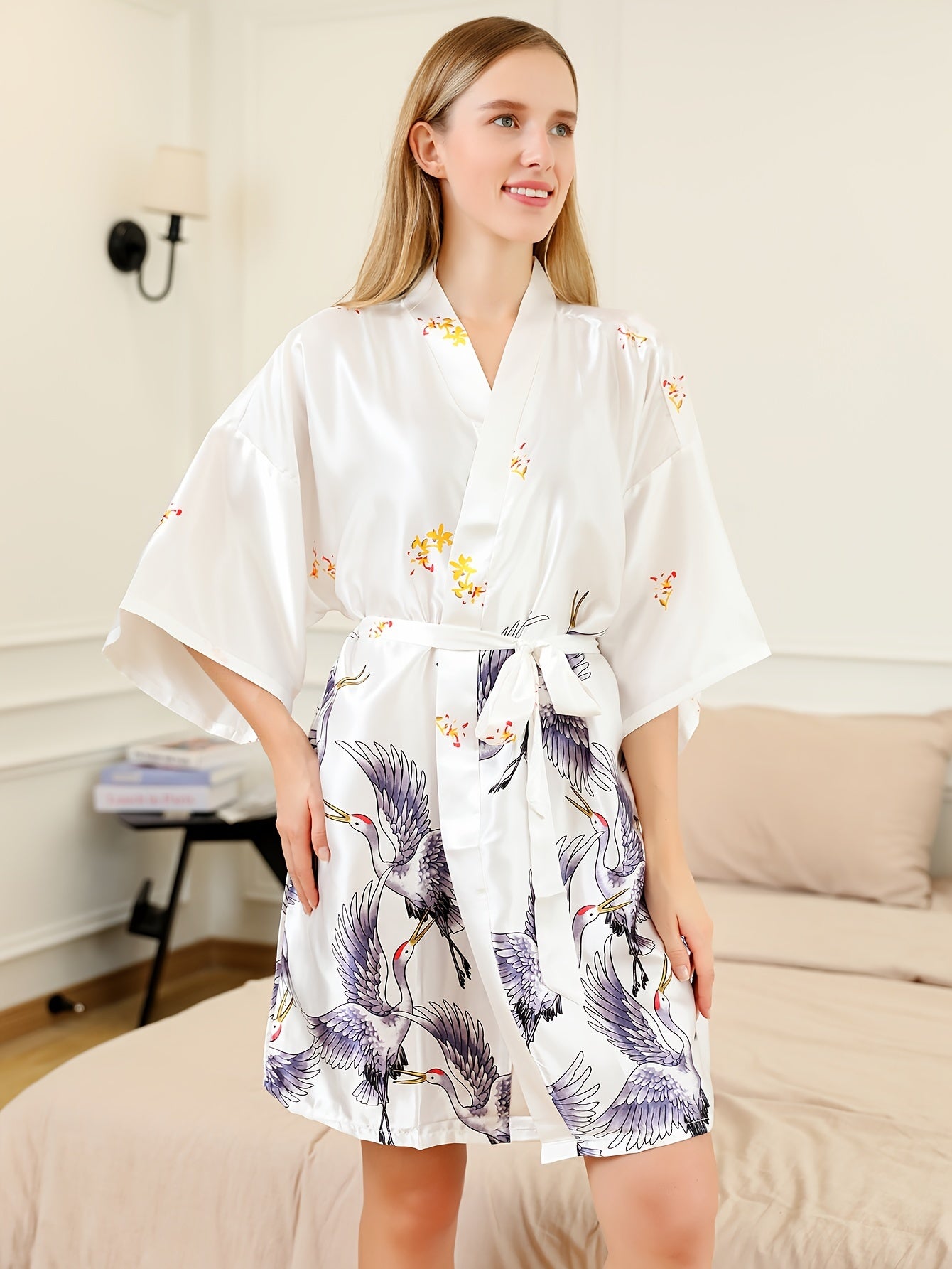 Crane Print Night Robe 3 4 Sleeve V Neck Robe With Belt