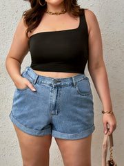 Solid Denim Shorts with Rolled Trim