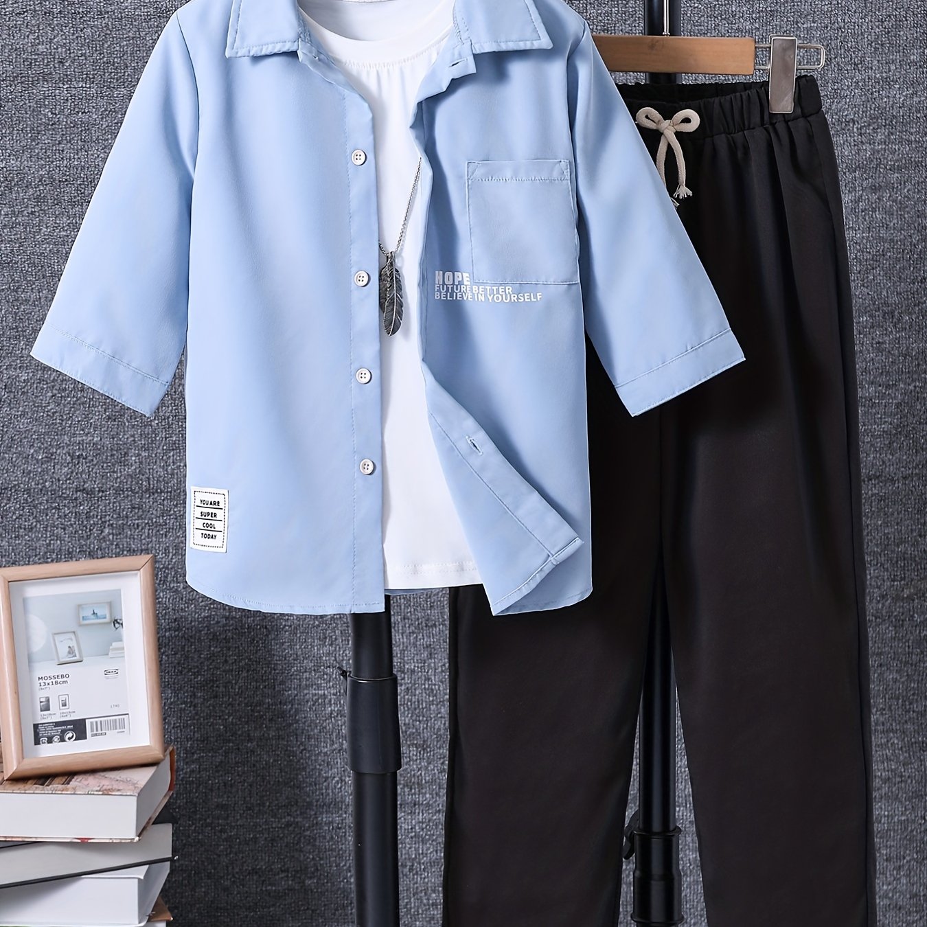 Boy's 2pcs Shirt & Pants Set Letter Print Patched Casual Outfits Kids Clothes