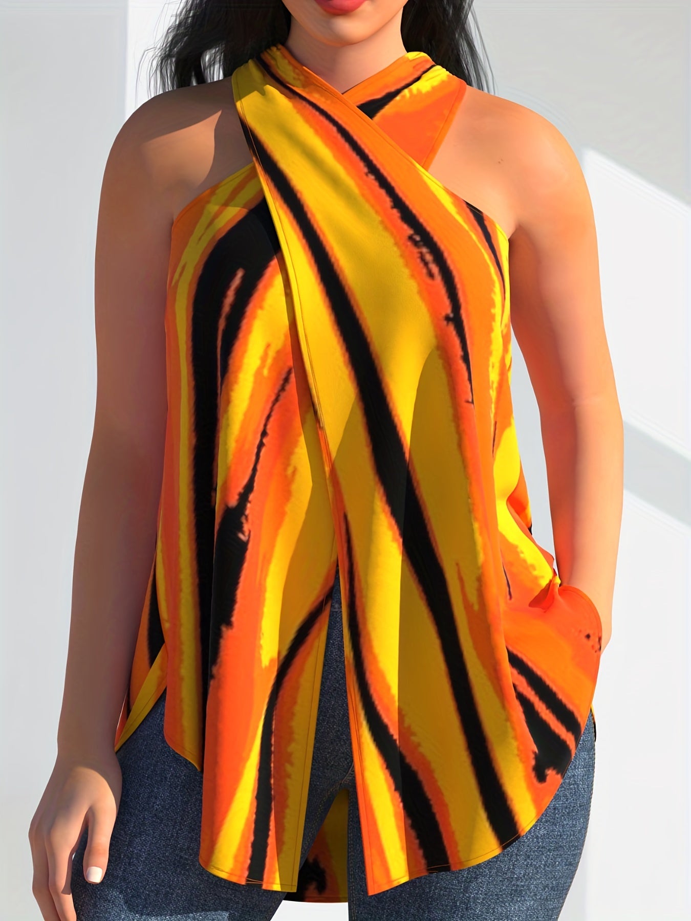 Sexy Criss Cross Block Halter Top Sleeveless Slim Fit