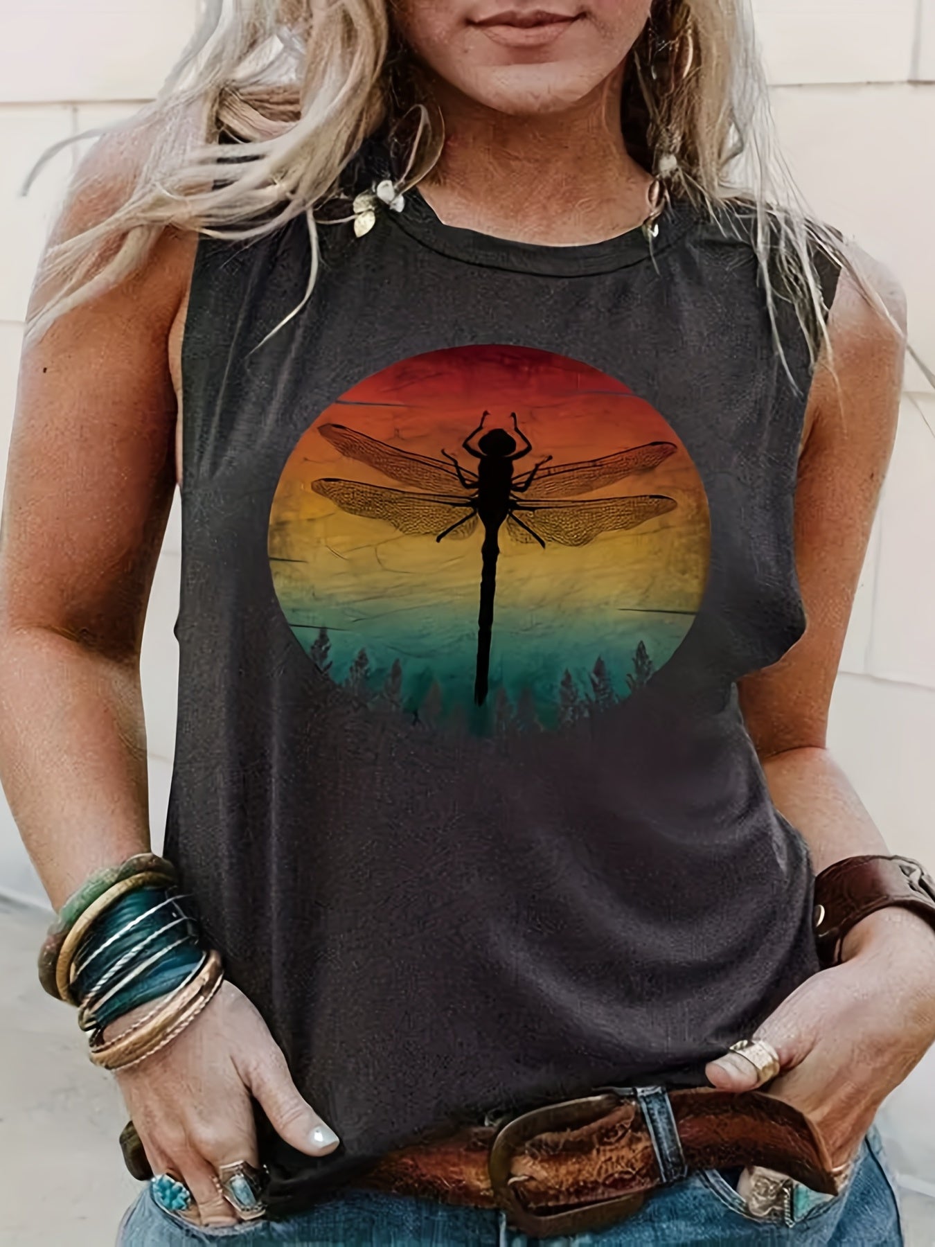 Dragonfly Print Plus Size Tank Top Round Neck Casual Sleeveless Tee