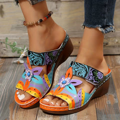 Women's Flower Decor Wedge Sandals Comfortable Open Toe Strap Shoes