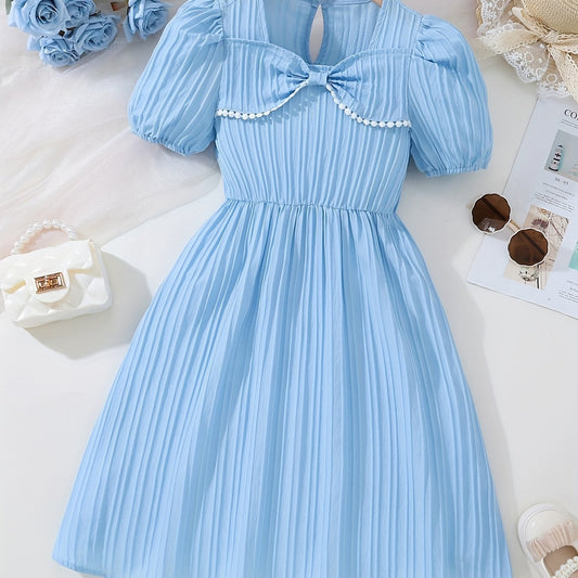 Kids Puffed Sleeve Square Neck Dress With Bow - Summer Princess