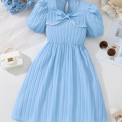 Kids Puffed Sleeve Square Neck Dress With Bow - Summer Princess