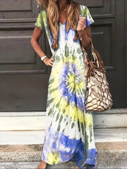 Tie Dye Short Sleeve V Neck Maxi Dress