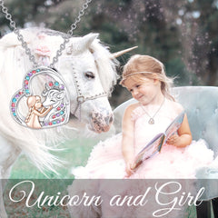 Girl & Unicorn Heart Pendant Necklace Holiday Gift
