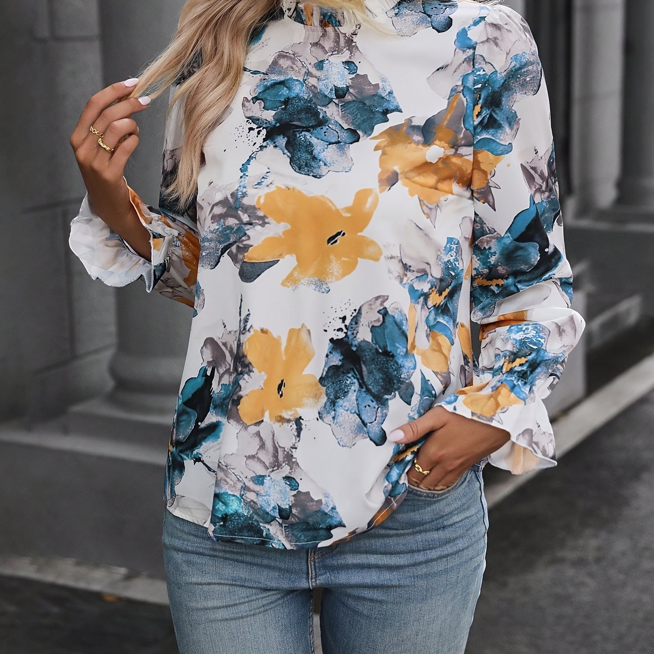 Floral Print Ruffle Trim Plus Size Blouse