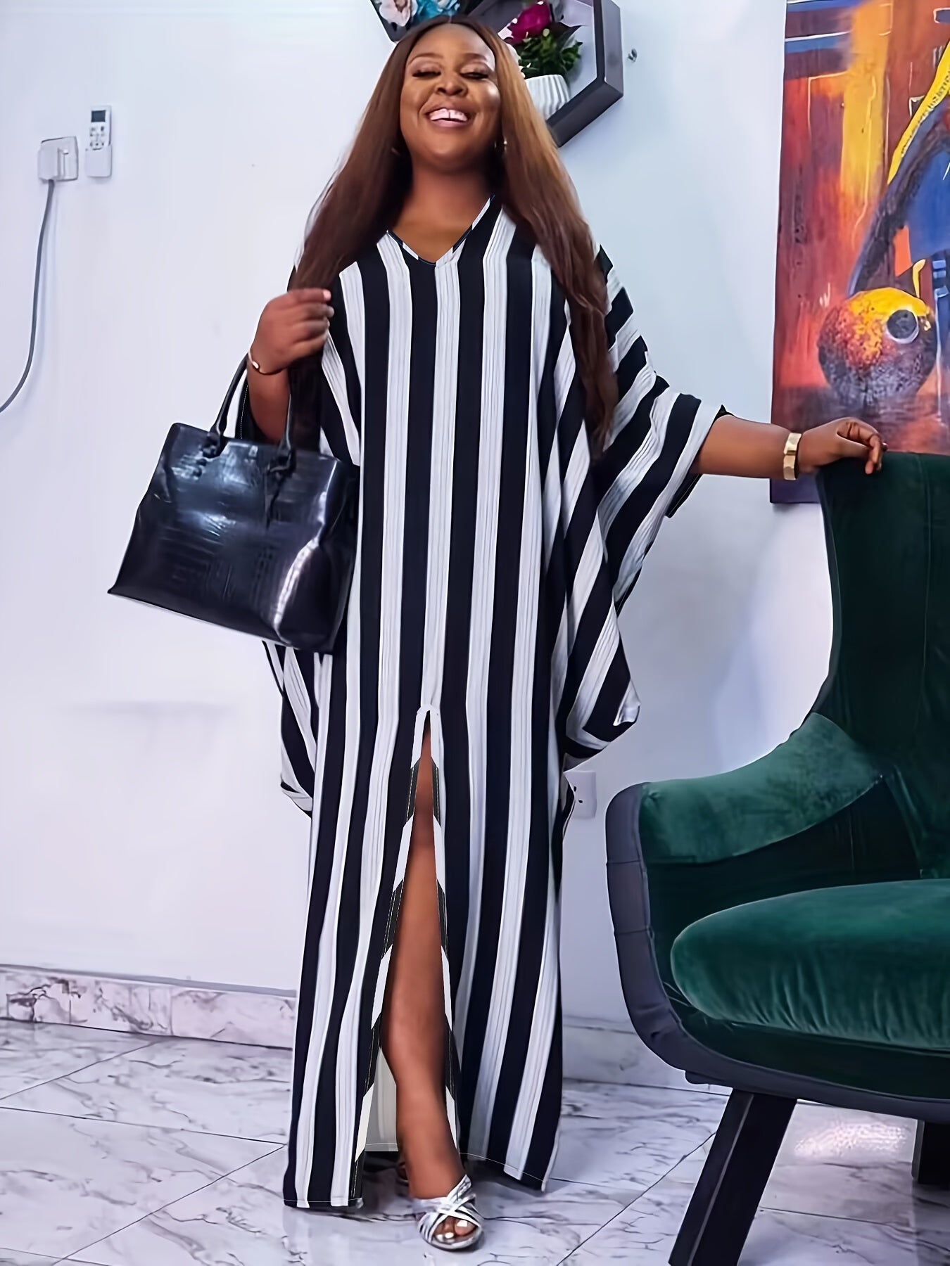 Women's Plus Stripe Bat Sleeve V Neck Party Dress