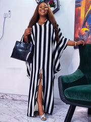 Women's Plus Stripe Bat Sleeve V Neck Party Dress