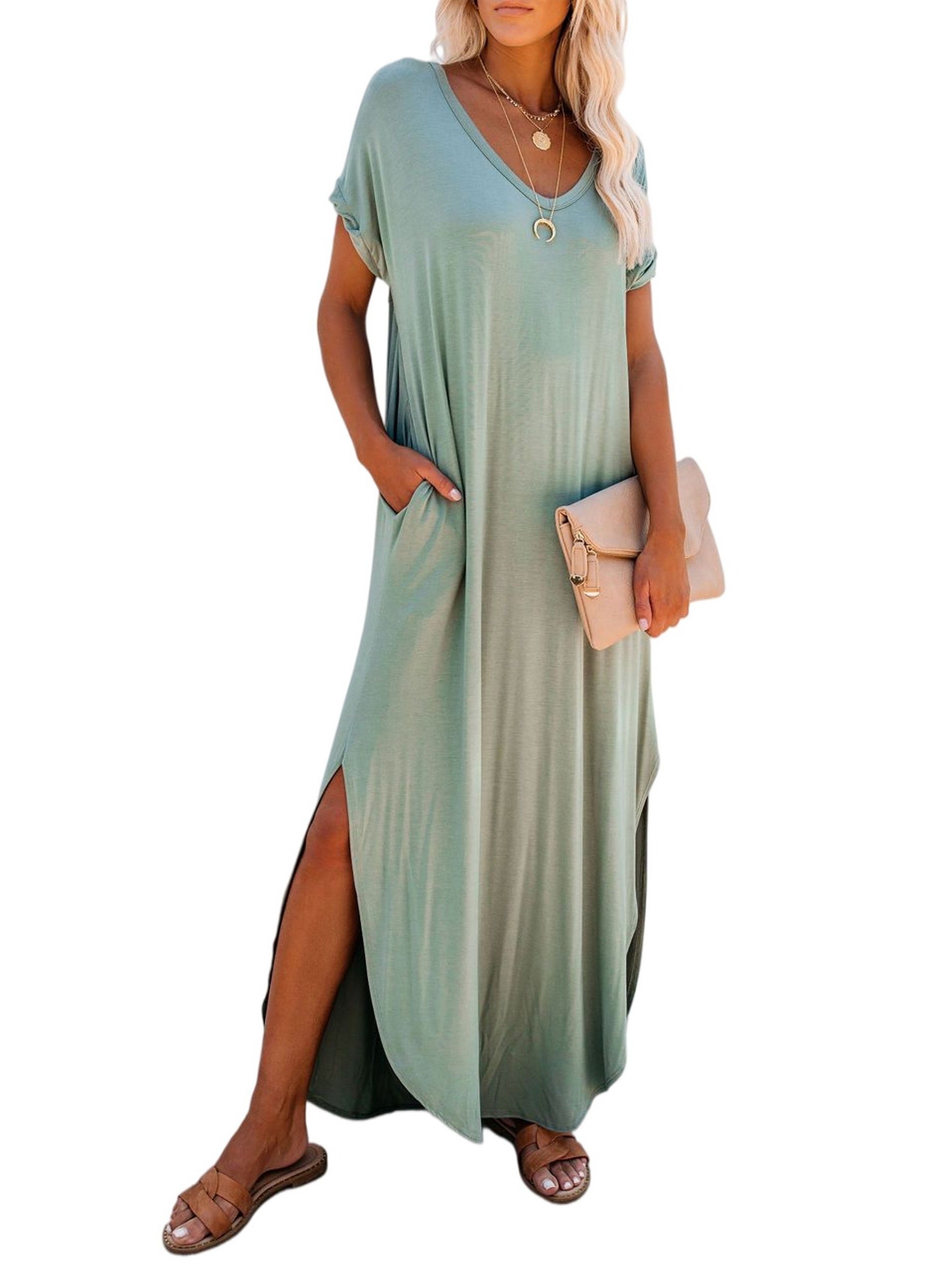 Solid Pocket Short Sleeve Crew Neck Dress Women's Clothing