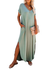 Solid Pocket Short Sleeve Crew Neck Dress Women's Clothing