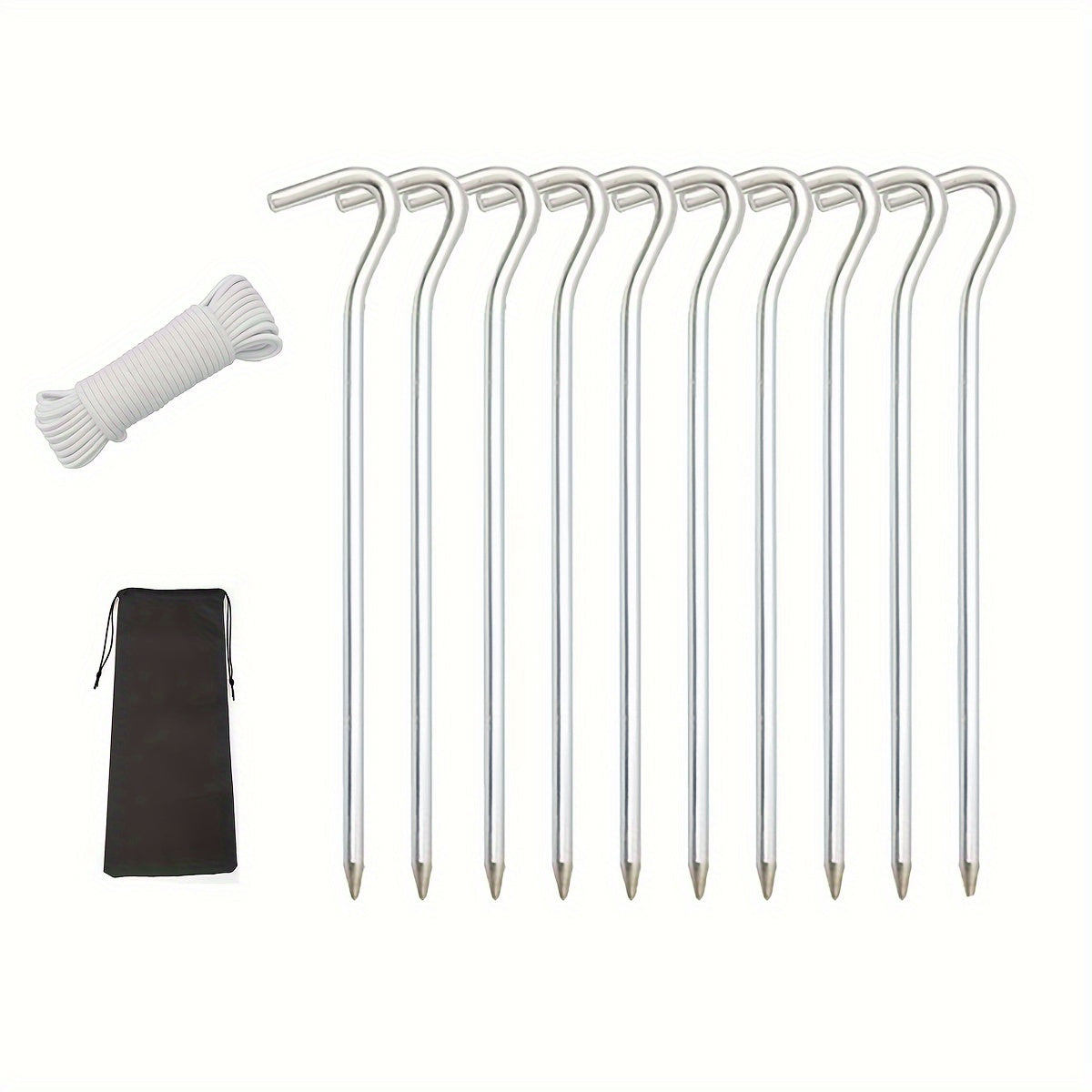 10pcs Aluminum Tent Pegs w/ 2m Rope, Storage Bag - Camp Garden Stake
