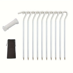 10pcs Aluminum Tent Pegs w/ 2m Rope, Storage Bag - Camp Garden Stake