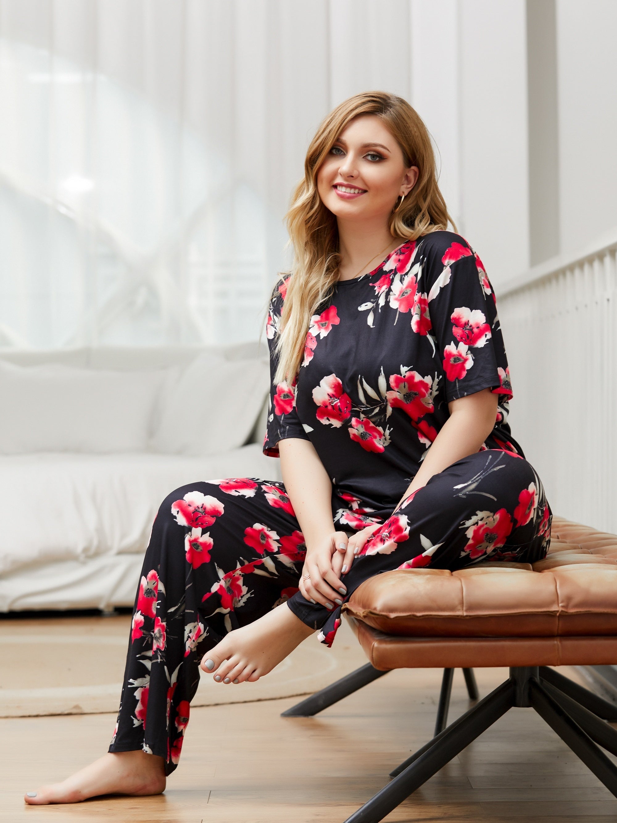 Floral Print Pajama Set Short Sleeve Top & Pants