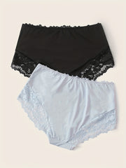 2 Pack Plus Size Lace Briefs Set Women's Mid Rise Breathable Panties