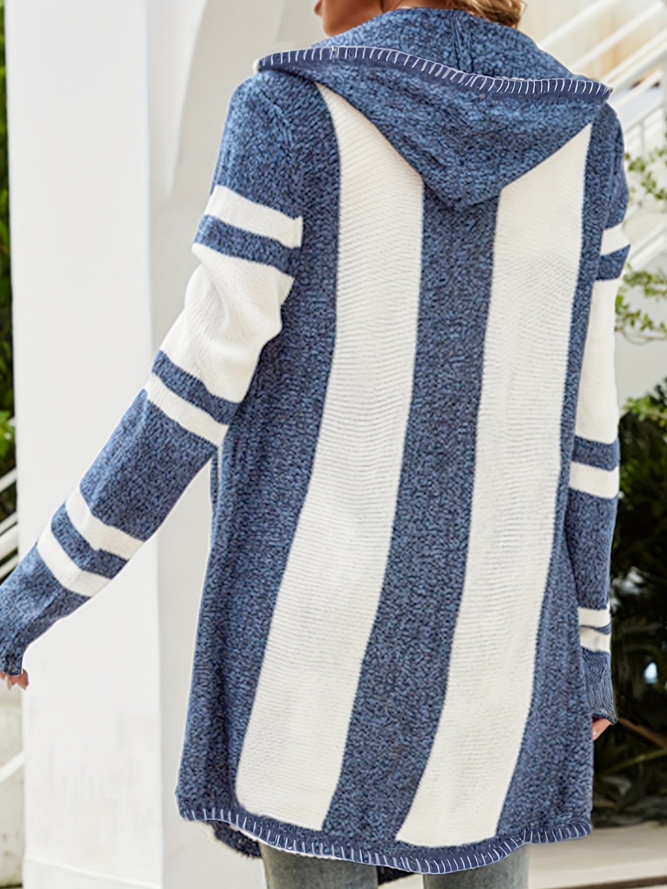 Striped Open Front Hooded Cardigan for Fall & Winter