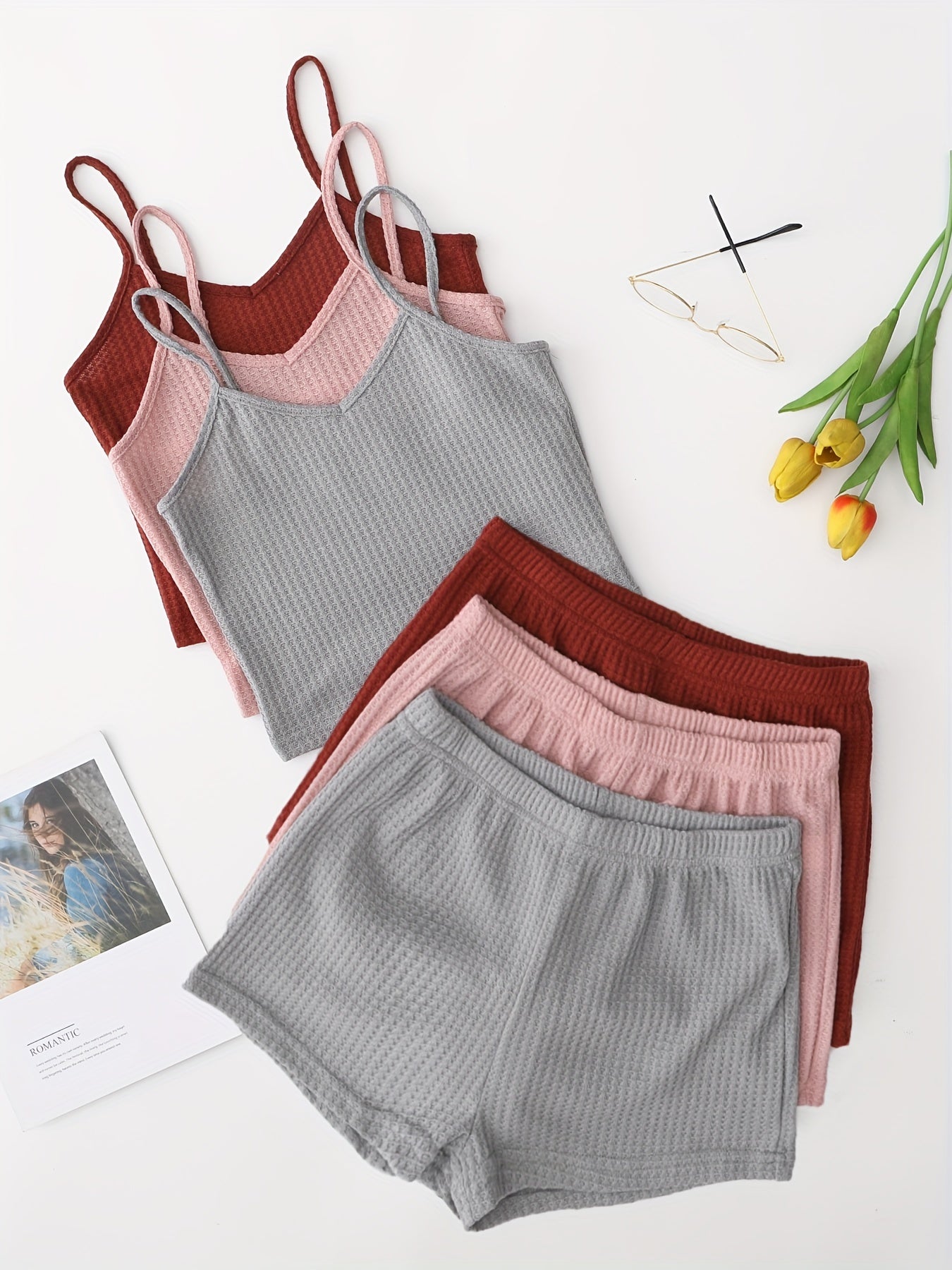 Waffle Lounge Set V Neck Cami Top & Shorts Women's Loungewear