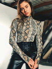 Snakeskin Print Mock Neck Bodysuit Long Sleeve Sexy One Piece