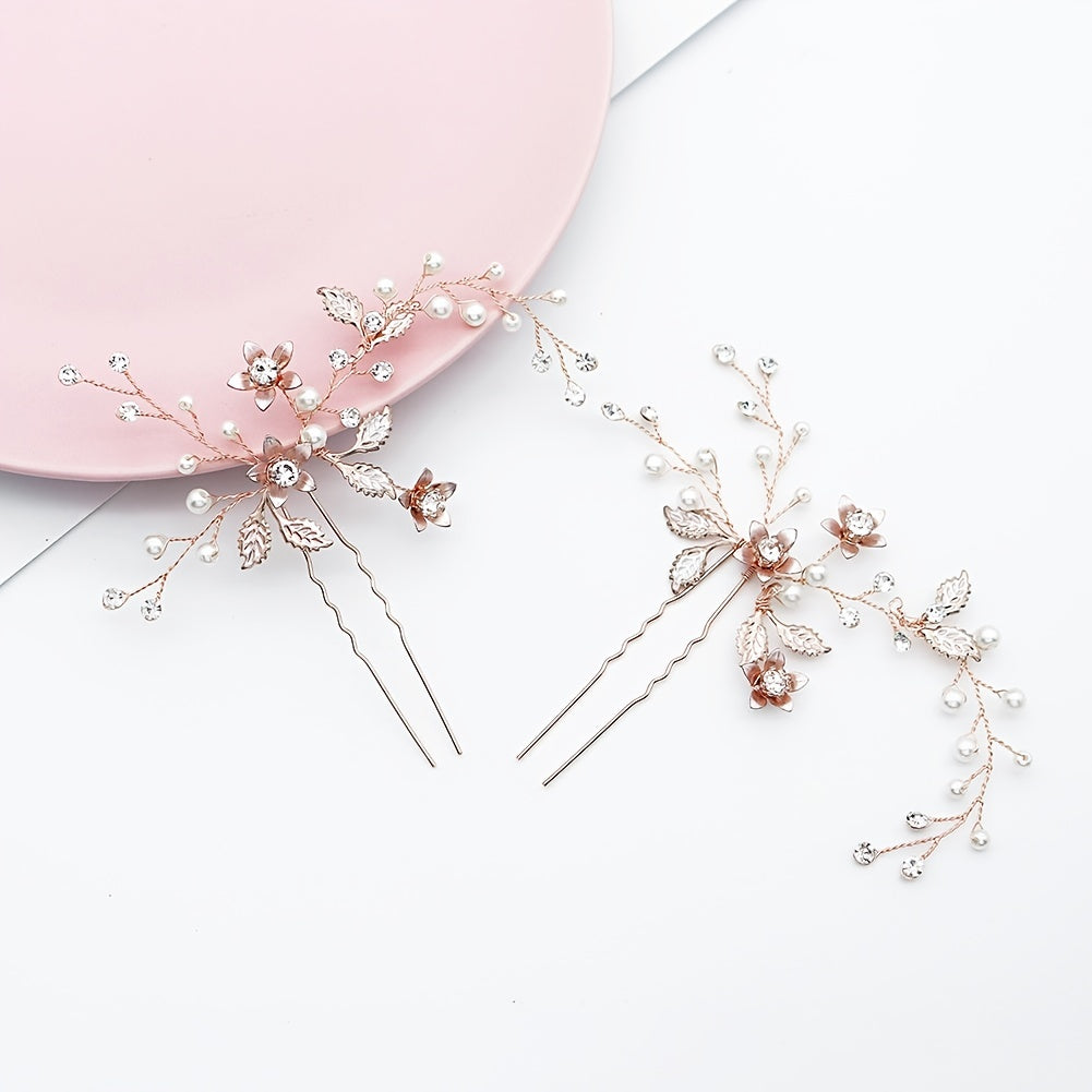 Bridal Hair Pins Flower Bride Headpieces Faux Pearls Hair Clips Crystal Wedding