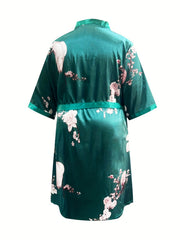 Floral Print Satin Robe With Belt Plus Loungewear Nightgown