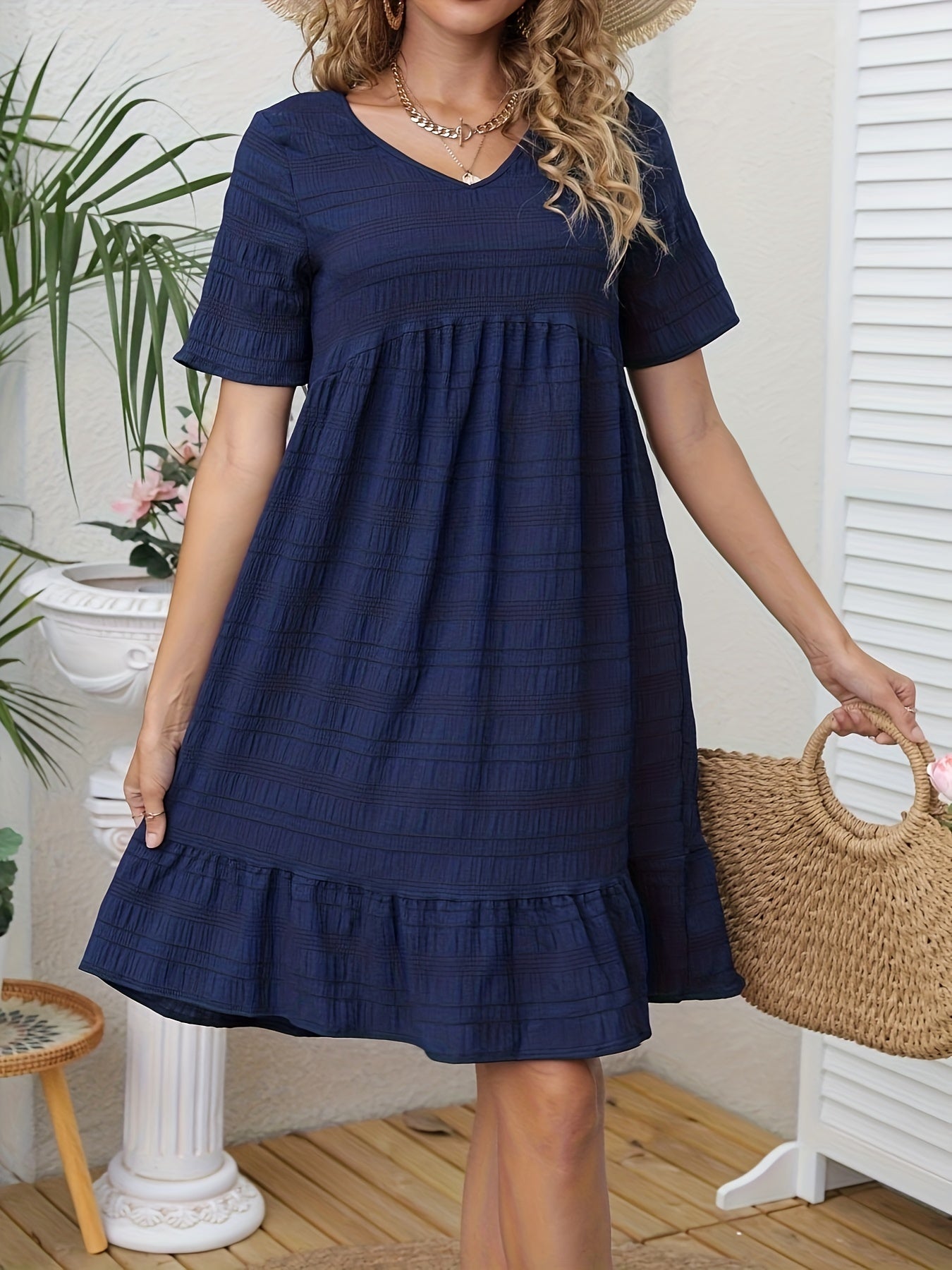 Ruched Solid Dress Casual V Neck Short Sleeve Summer Dress Women's Clothing