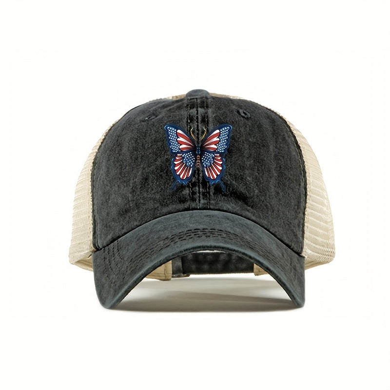 Flag Butterfly Baseball Cap Distressed Mesh Trucker Hat