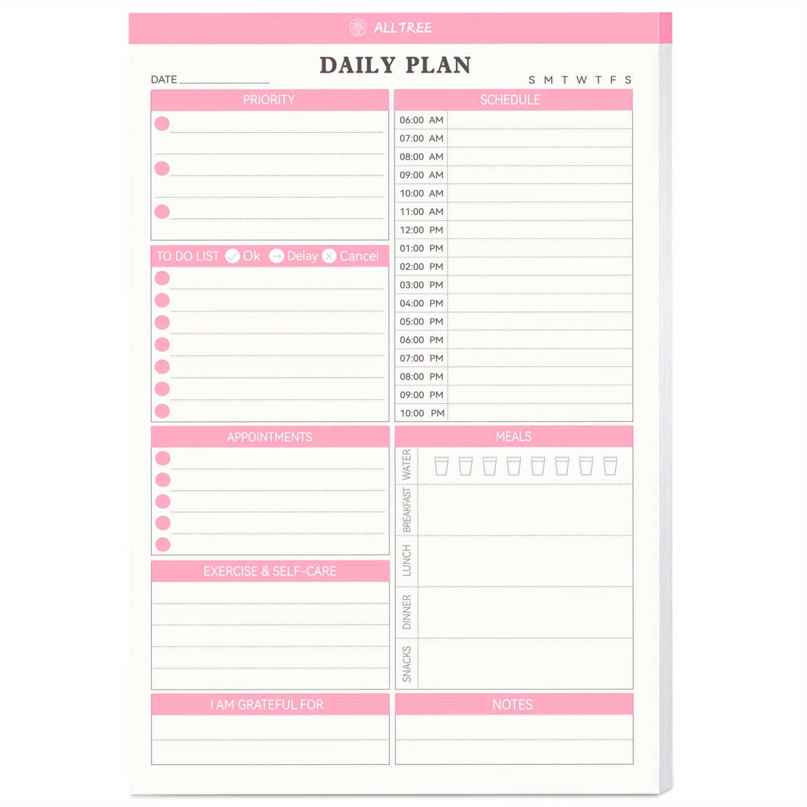 Daily Planner Notepad Hourly Schedule To Do List Appointments Meals Water Intake