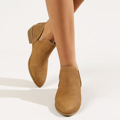 Women's Hollow Out Block Heel Ankle Boots Pointed Toe Slip On V cut Stacked Heel